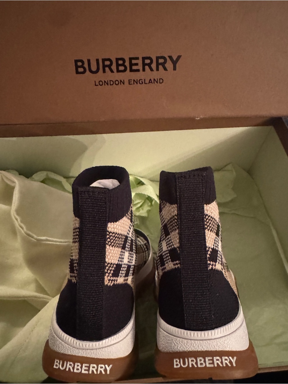 Burberry Plaid Sock-Style Ankle Sneakers - Black/Tan/Gum - Picture 5 of 11